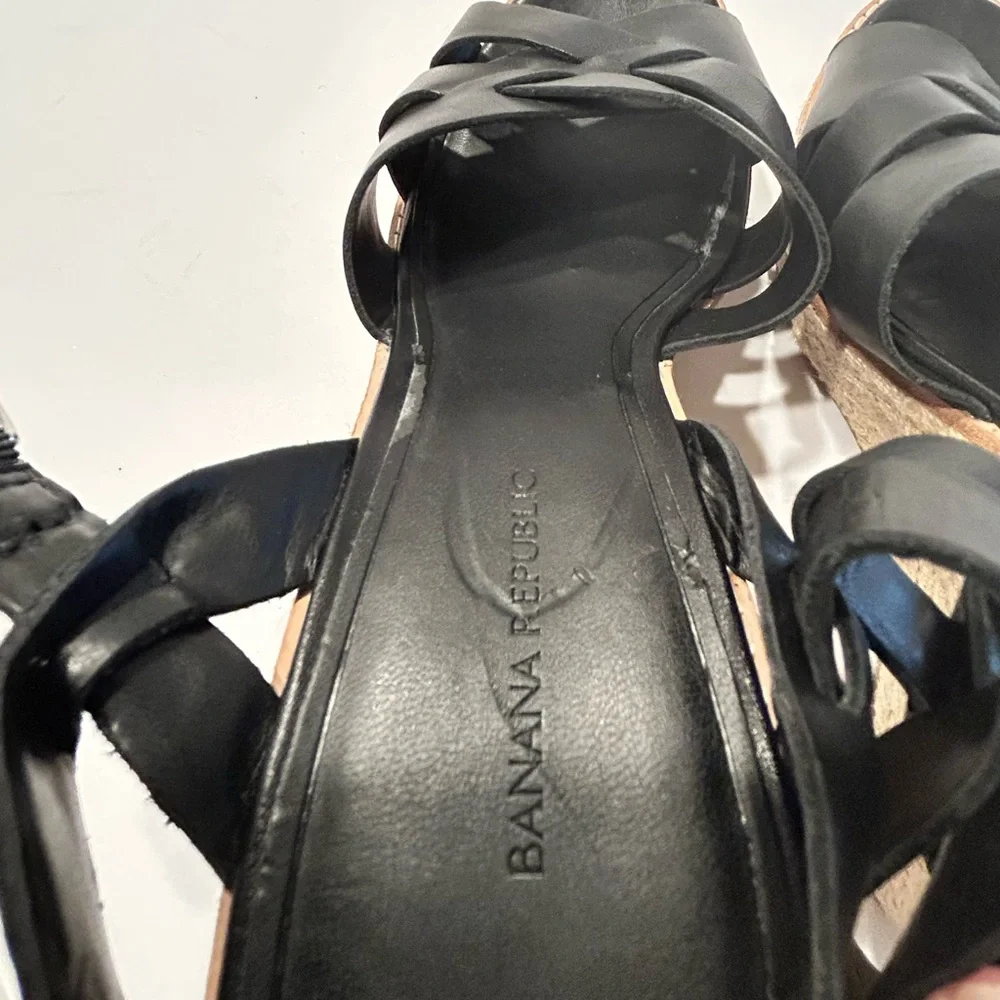 Black Leather Espadrille Wedge Sandals Adjustable Ankle Strap Sz‎ 9.5 Preowned